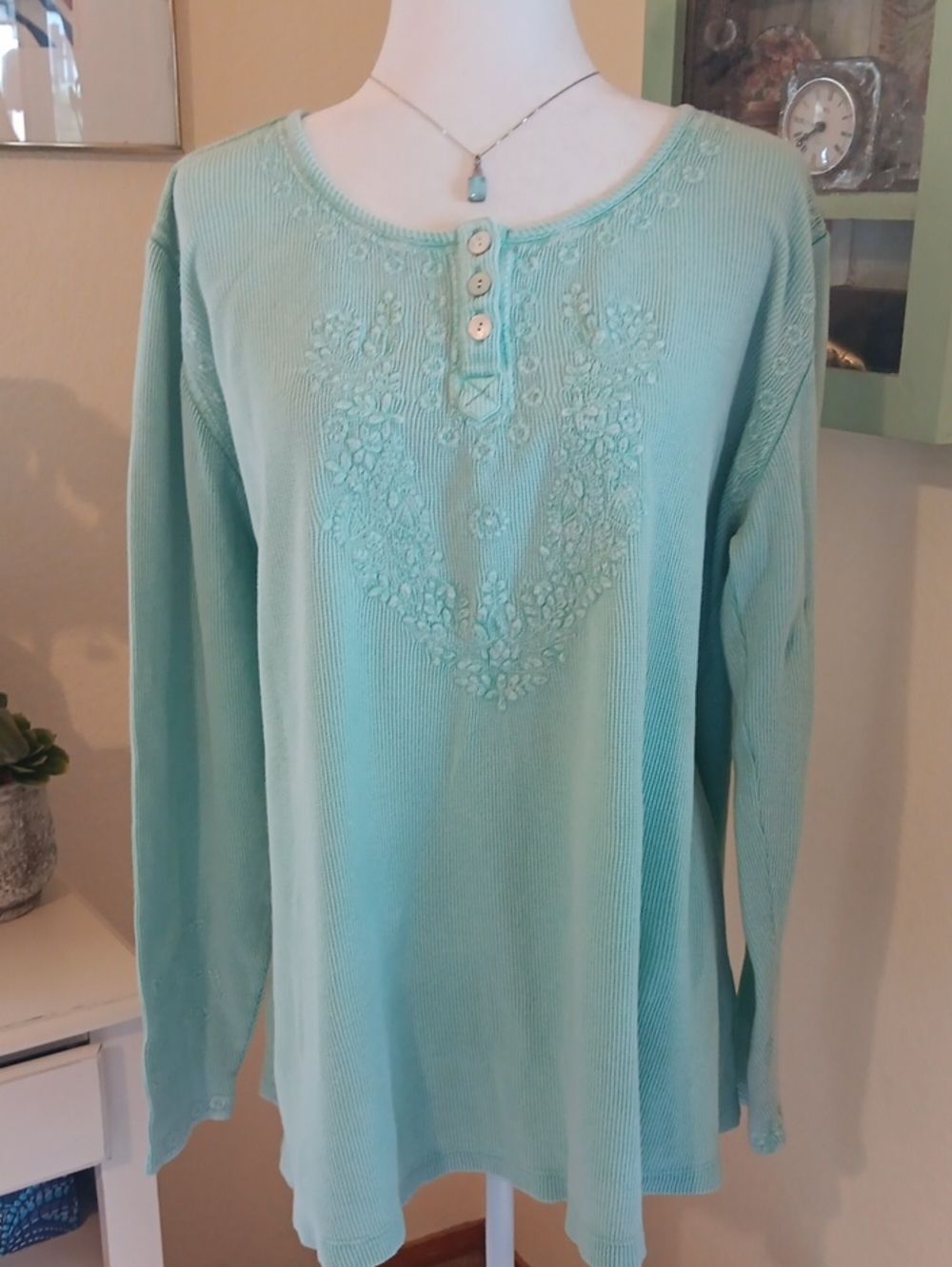 Soft Surroundings Mint Green Waffle Knit Top With Embroidery Detail. Beachy.